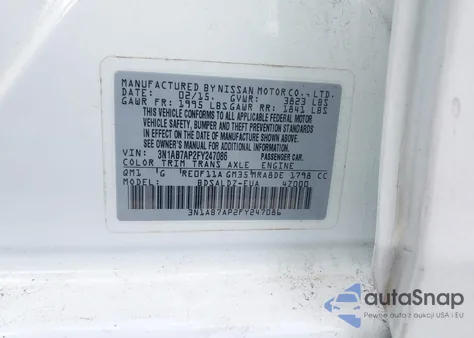 2015 Nissan Sentra Fe+ S/S/Sl/Sr/Sv из США, поврежденный, VIN 3N1AB7AP2FY247086